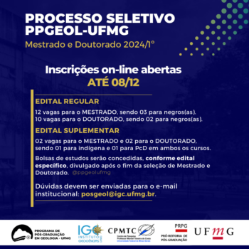 PPG em Geologia do IGC-UFMG recebe, até 08/12, inscrições on-line para seleção de Mestrado e Doutorado 2024/1º